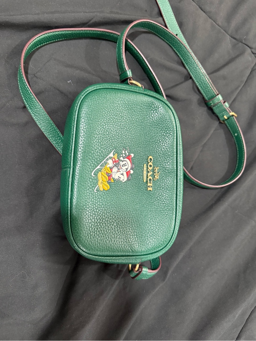 Coach Green Pebbled Leather Crossbody with Disney Character Accent Christmas